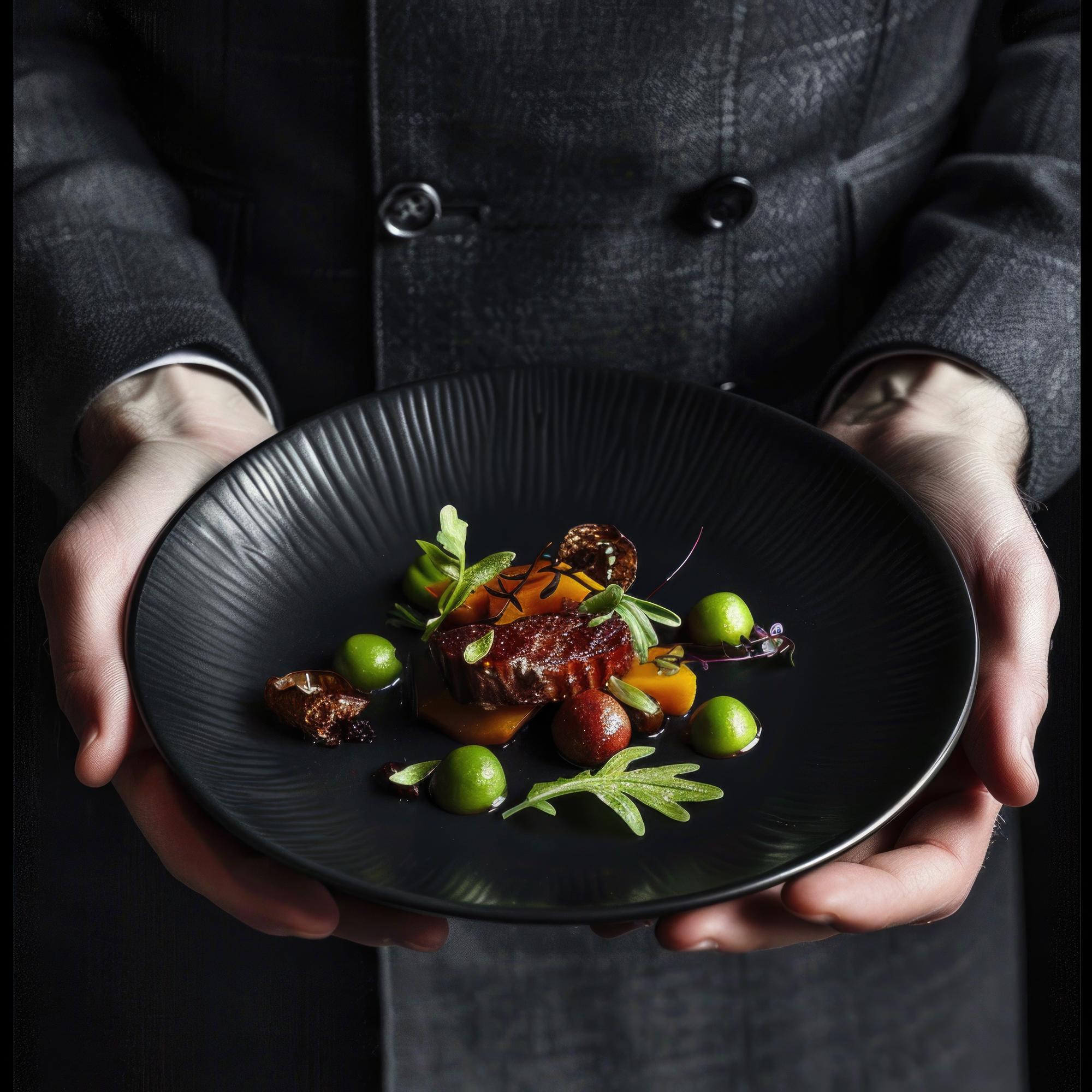 Chef plating an elegant dish on a dark table